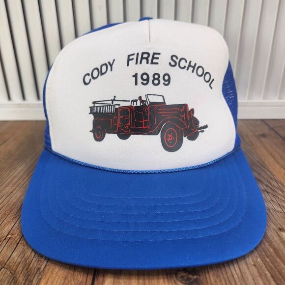VTG 1989 Cody Fire School Snapback Trucker Hat Cap Blue White Rope Mesh Wyoming - Picture 2 of 11
